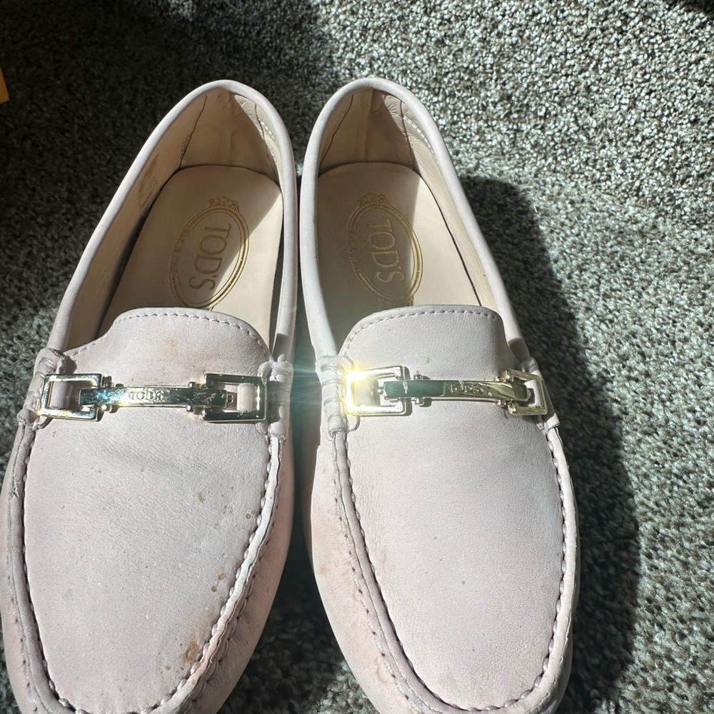 Tod's Light Pink Loafers with Gold Accent